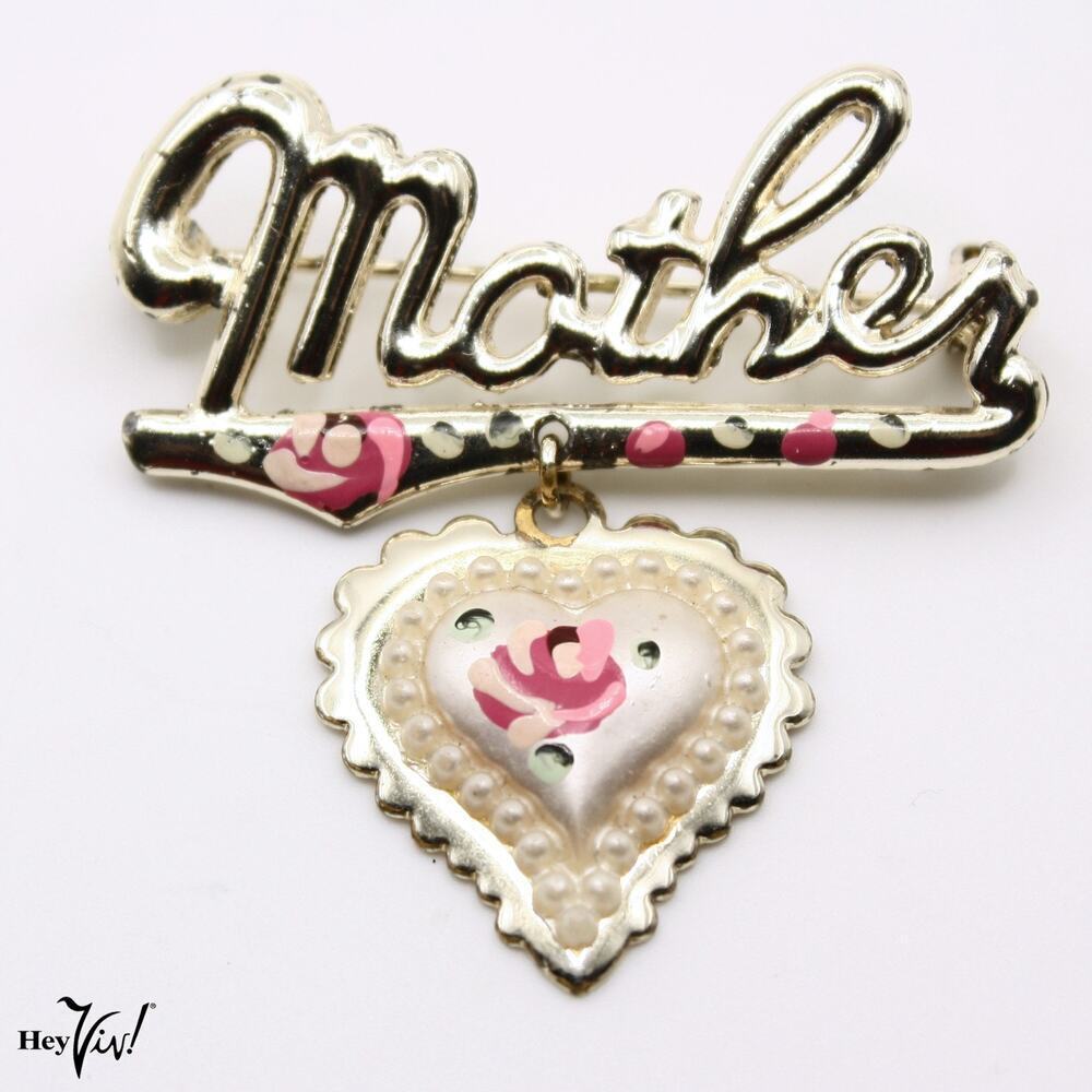Vintage Mother Script Pin w Dangling Heart Charm Hand Painted Flowers - Hey Viv